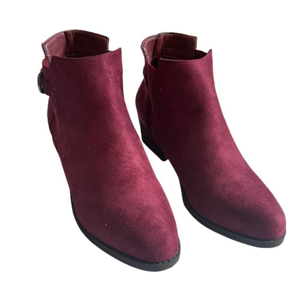 Nature Breeze Side Elastic Panel Block Heel Buckle Decor Women's Booties WINE - Picture 2 of 6